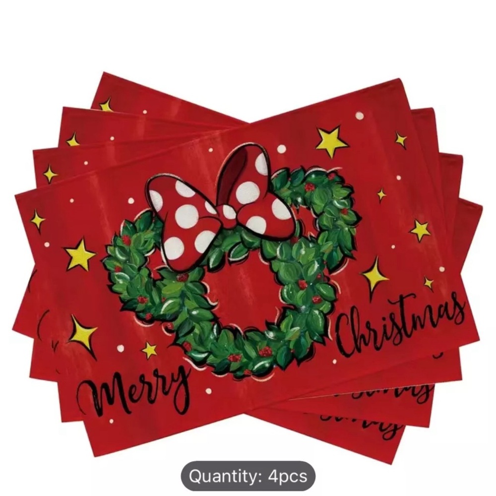 New Set Of 4 Disney Minnie Mouse Christmas holiday Rectangle Fabric Placemats